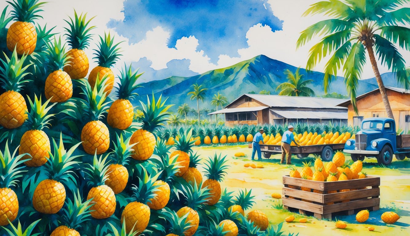 A tropical Hawaiian pineapple plantation with ripe pineapples, workers harvesting fruit, mountains and palm trees in the background, and a wooden crate filled with pineapples in the foreground.