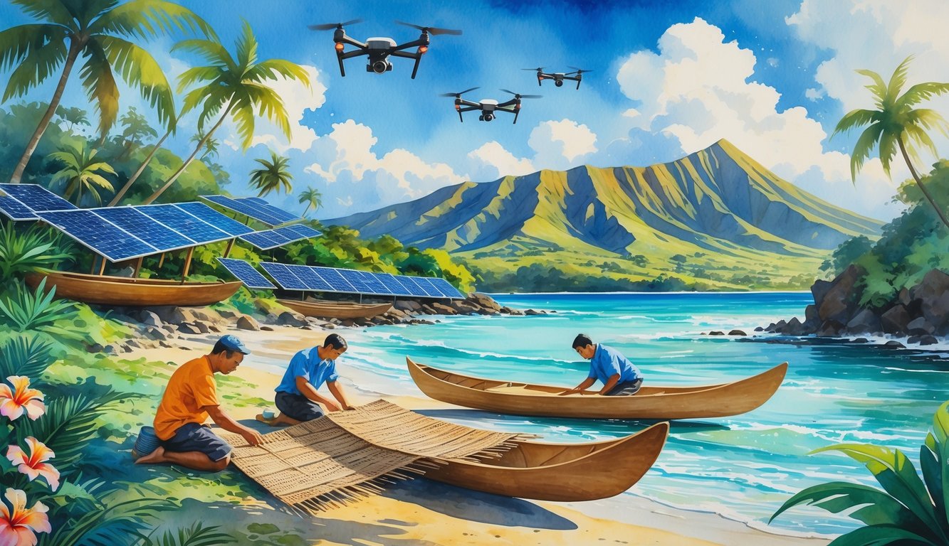 A coastal Hawaiian scene showing artisans making traditional crafts alongside modern technology like drones and solar panels, with volcanic mountains in the background.