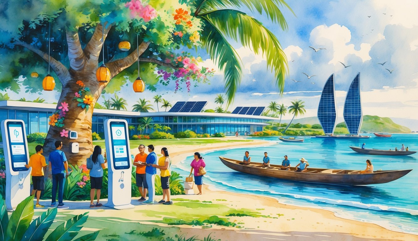 People gathered near coastal buildings with solar panels and wind turbines, engaging in community activities under palm trees by the ocean with boats and traditional canoes.