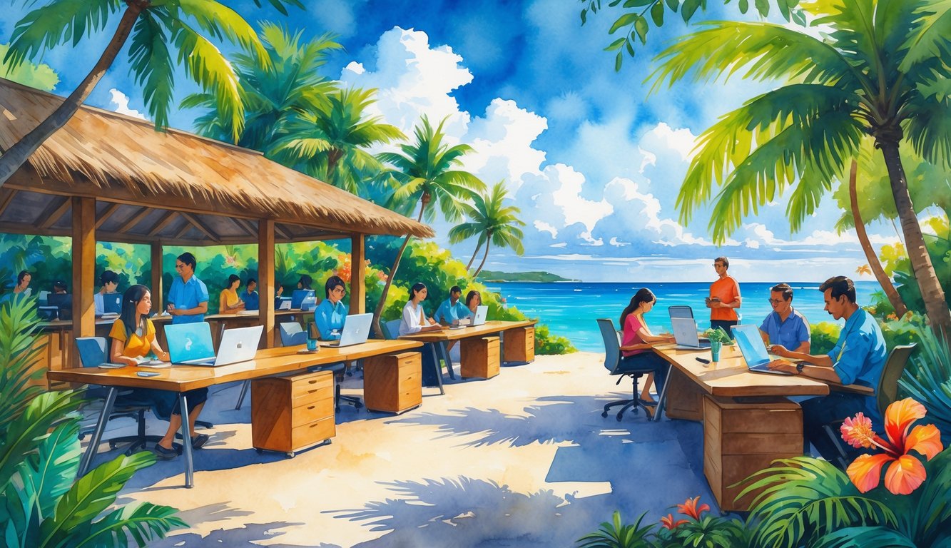 An open-air workspace in Hawaii with people working at desks surrounded by palm trees, tropical flowers, and a view of the ocean.