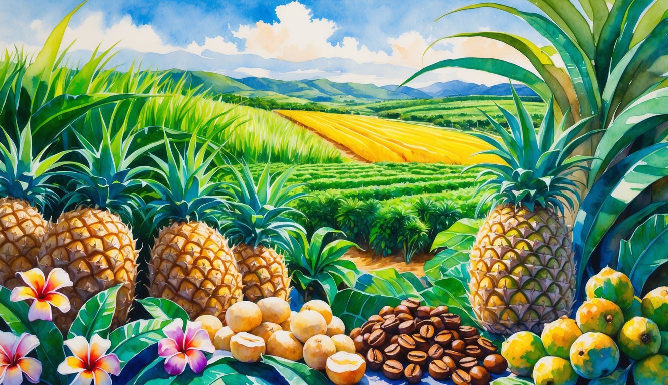 A tropical landscape showing sugarcane fields, pineapple plants, coffee bushes with red cherries, and macadamia nuts with colorful flowers under a blue sky.