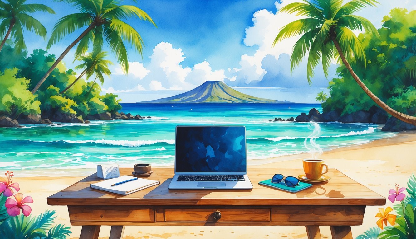 A tropical beach scene with a wooden desk holding a laptop, coffee cup, and notebook, surrounded by palm trees and flowers with a mountain in the background.