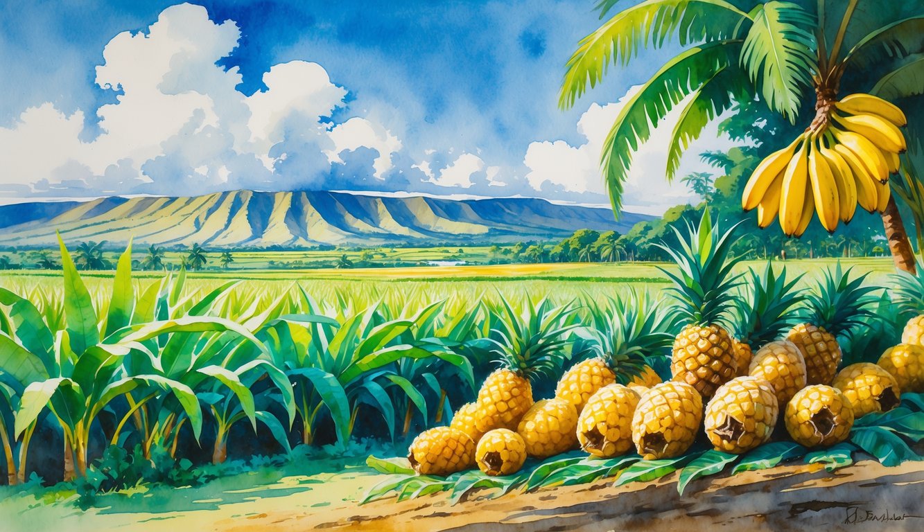 A tropical Hawaiian farm scene with fields of sugarcane, pineapples, coffee plants, banana trees, and distant mountains under a blue sky.