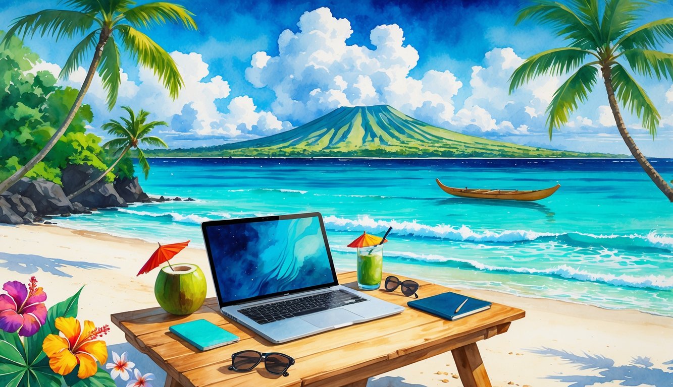 A peaceful Hawaiian beach with a desk, laptop, tropical flowers, palm trees, ocean waves, and a distant volcano.