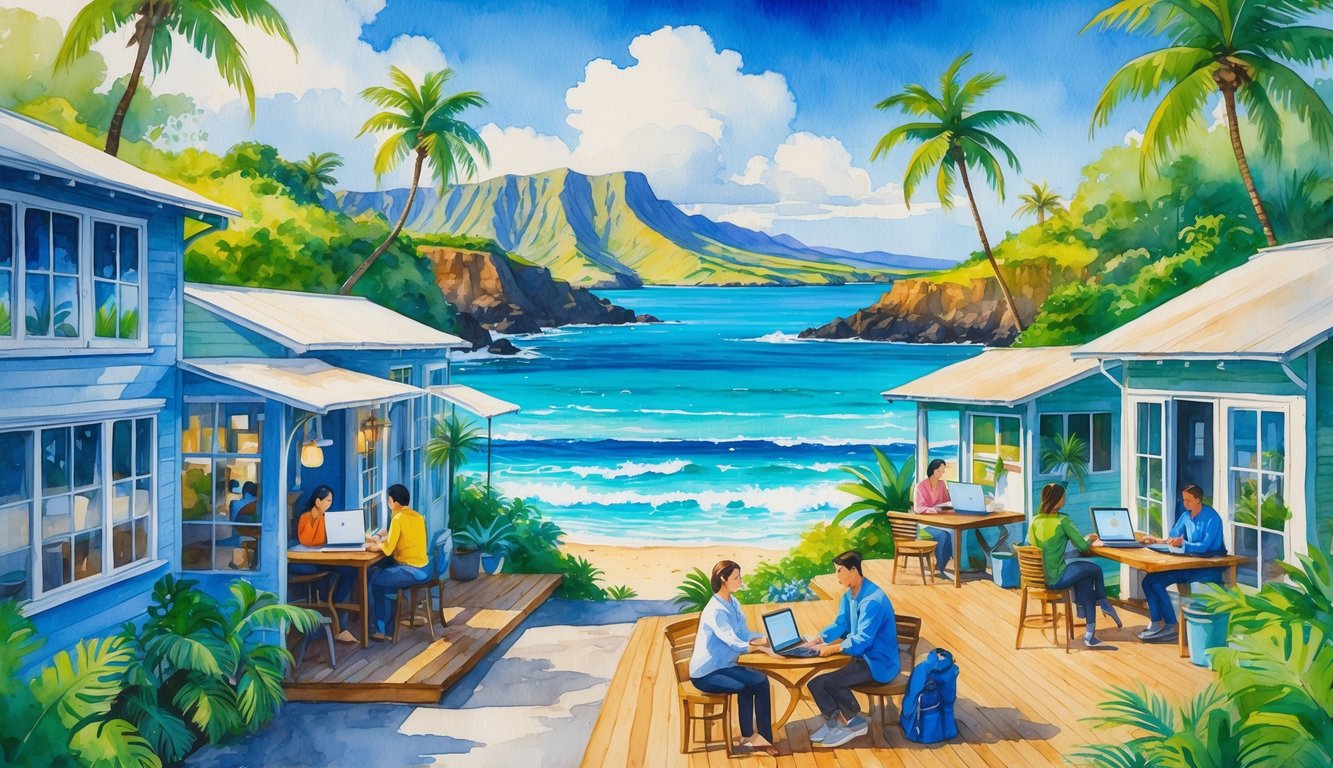 A coastal scene with people working outdoors in small buildings surrounded by palm trees, mountains, and ocean views.