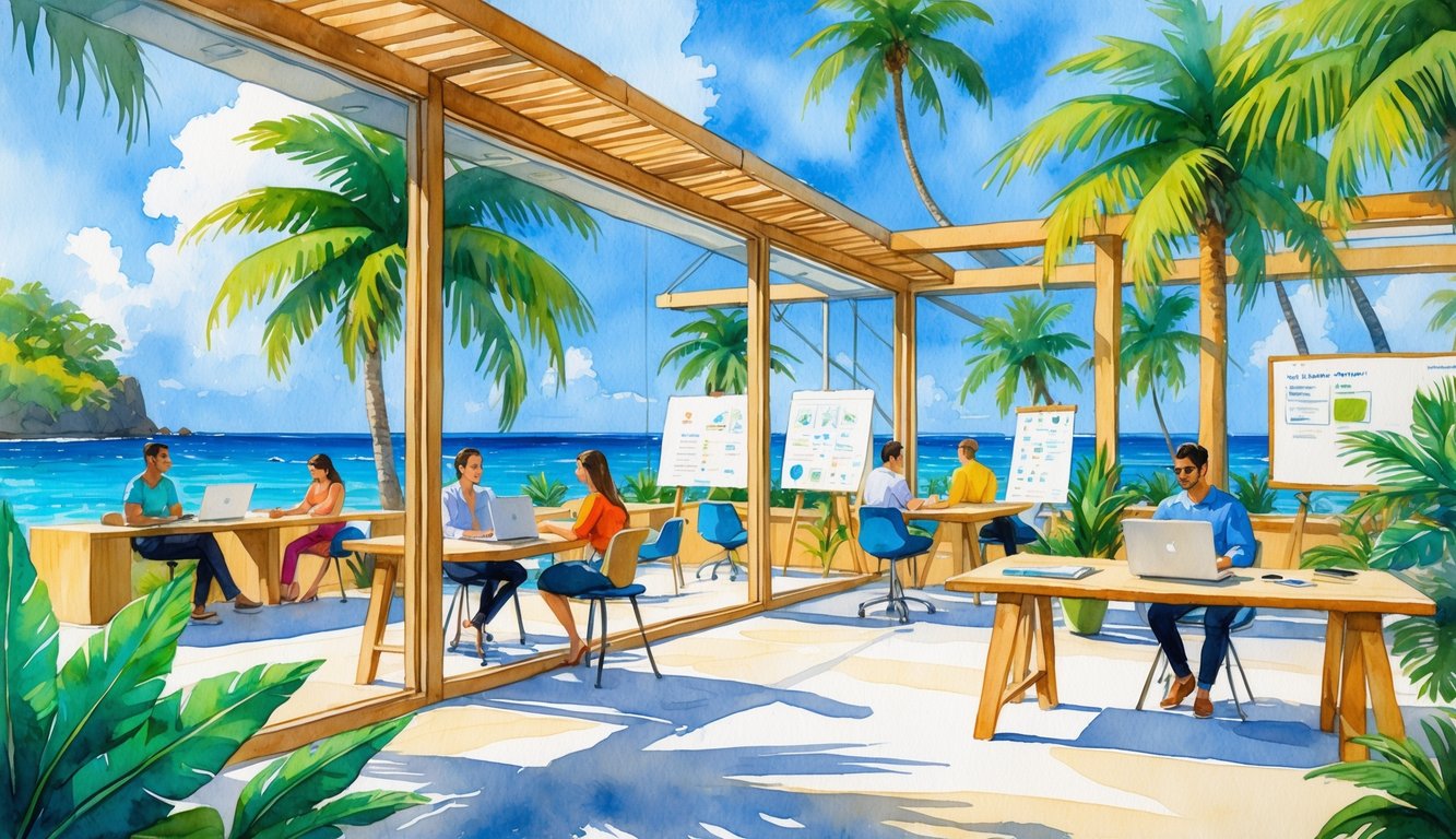 A bright co-working space with people working at tables and relaxing, surrounded by tropical plants and a view of the ocean and palm trees outside.