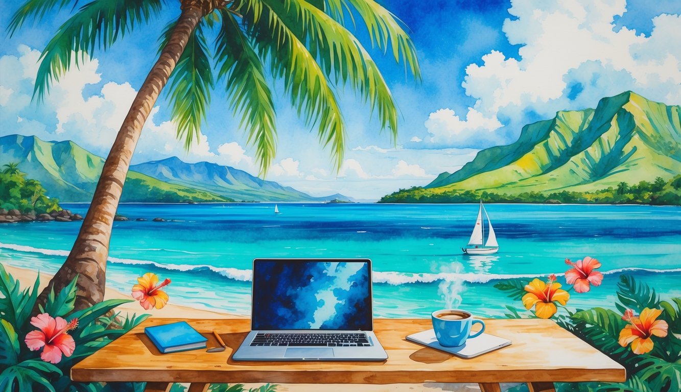 A tropical island scene with a desk and laptop near the ocean, palm trees, mountains, and colorful flowers.