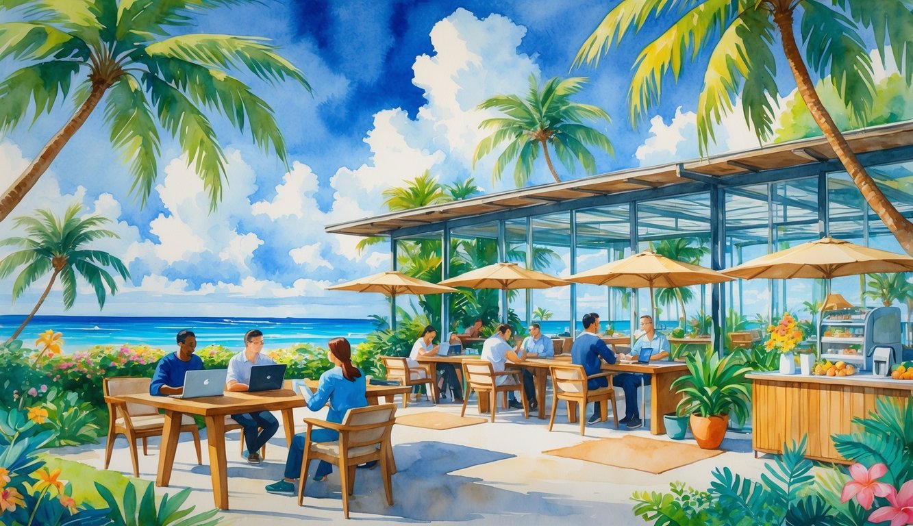 An open-air co-working space in Hawaii surrounded by tropical plants and ocean views, with people working and relaxing.