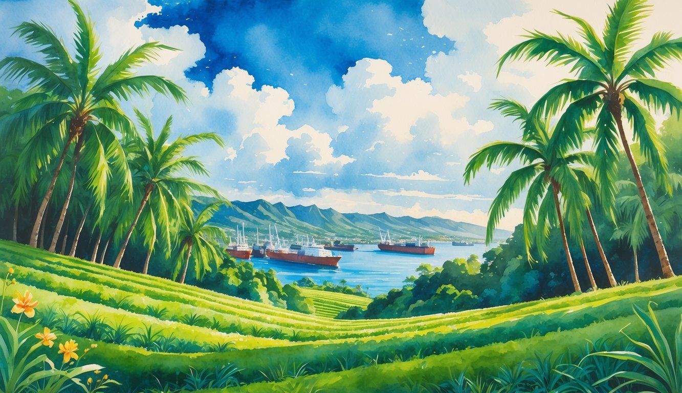 A Hawaiian sugarcane field with green stalks on rolling hills and a distant harbor with cargo ships and cranes.