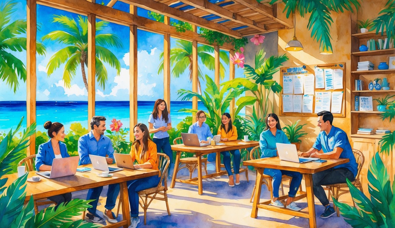 A group of people working and talking together in a bright, tropical co-working space surrounded by palm trees and ocean views.
