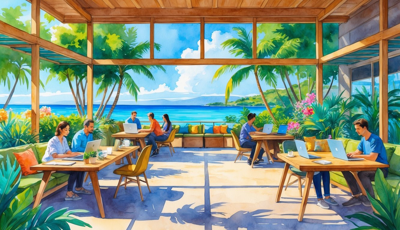 An open-air co-working space with people working at desks surrounded by tropical plants and ocean views.