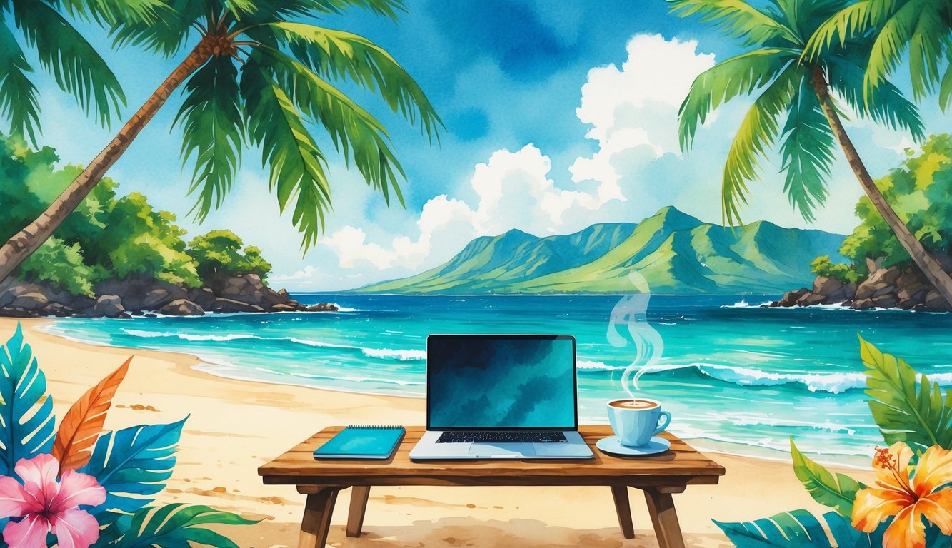 A remote worker's outdoor workspace on a beach with a laptop, coffee cup, and tropical plants, overlooking the ocean and mountains.