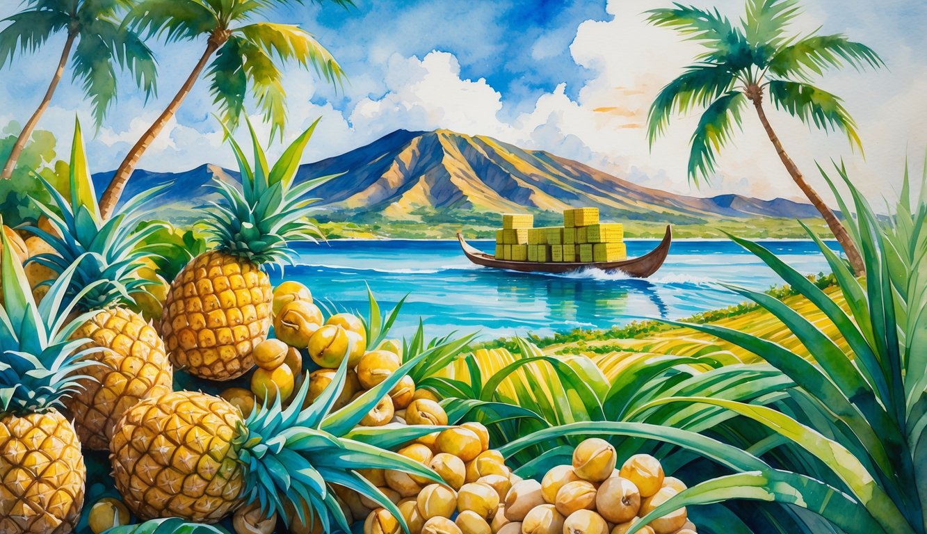 A tropical Hawaiian landscape showing fields of pineapples, sugarcane, coffee plants, and macadamia nuts, with a canoe carrying crates on the ocean and mountains in the background.