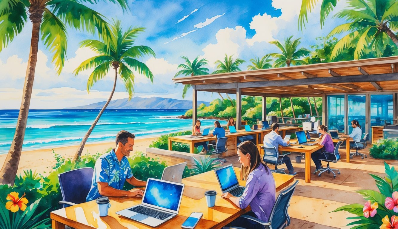 An open-air workspace by a tropical beach with people working at desks surrounded by palm trees and flowers.