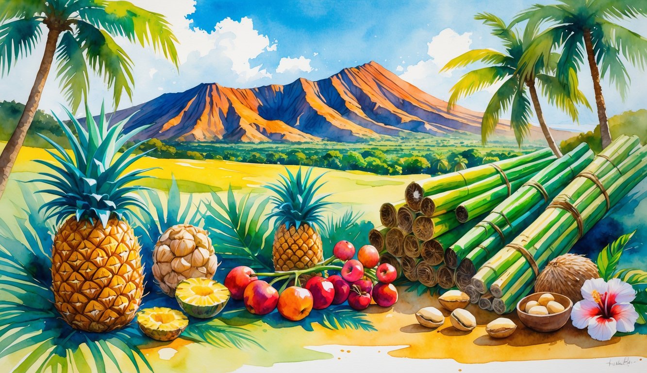 A tropical Hawaiian landscape showing pineapples, coffee cherries, sugarcane, macadamia nuts, and hibiscus flowers with palm trees and volcanic mountains in the background.
