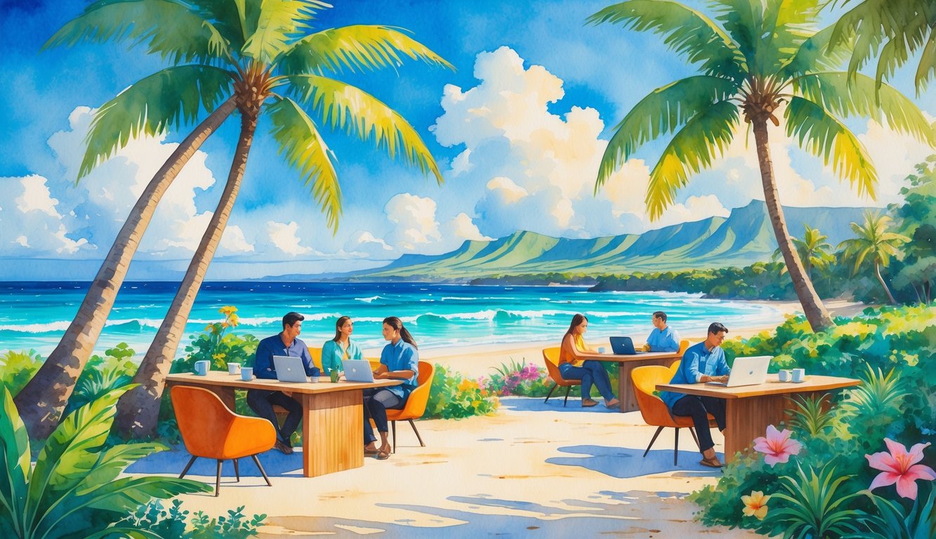 Outdoor co-working space in Hawaii with people working near palm trees, ocean, and mountains.