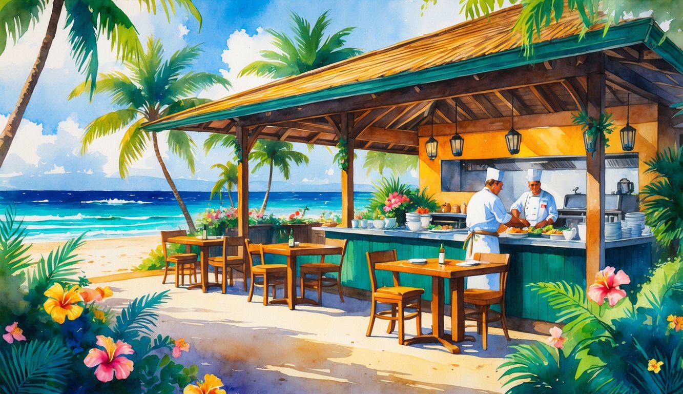 A Hawaiian open-air restaurant near the beach with a chef preparing food, surrounded by palm trees and tropical flowers.