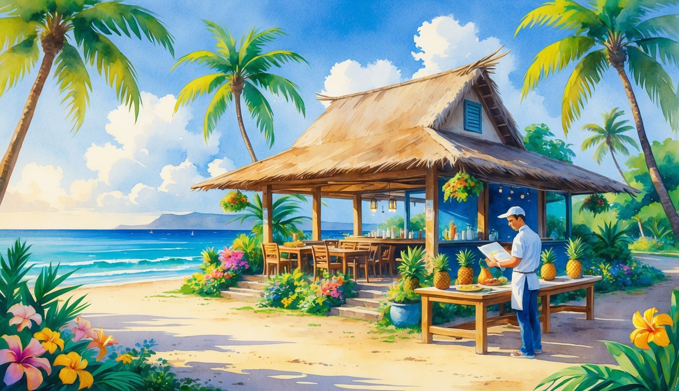 A small Hawaiian restaurant by the ocean surrounded by palm trees and tropical flowers, with a chef preparing fresh ingredients and a person looking at notes nearby.