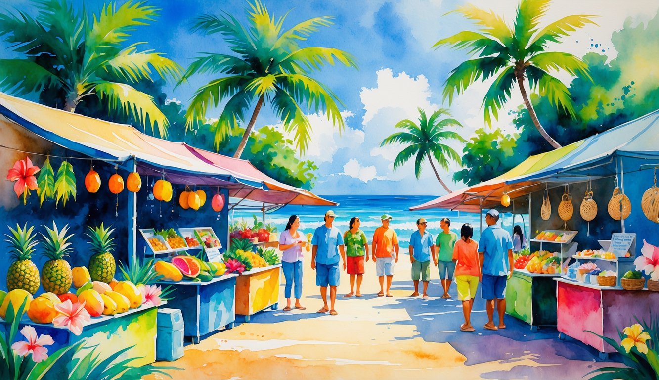 A lively Hawaiian marketplace with stalls selling tropical fruits, handmade crafts, and food, surrounded by palm trees and flowers near the ocean.
