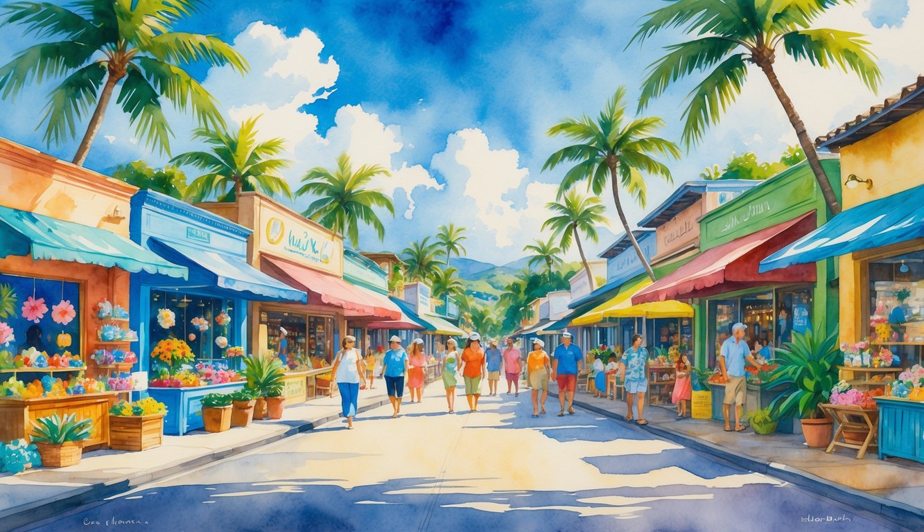 A lively Hawaiian street with small shops, palm trees, and people enjoying shopping and supporting local businesses.