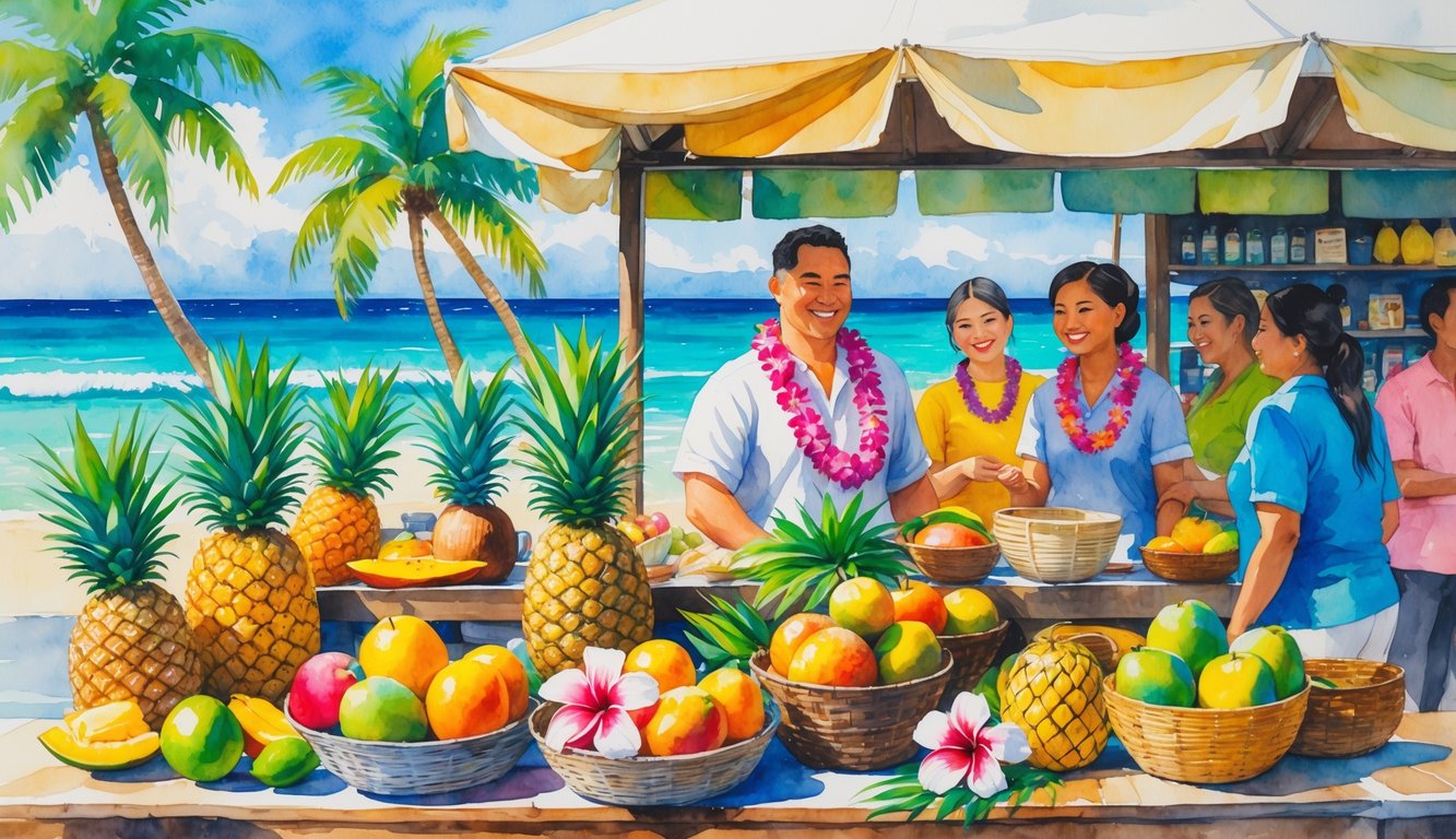 A Hawaiian market stall with tropical fruits and handmade crafts, a vendor greeting customers, palm trees, and ocean waves in the background.