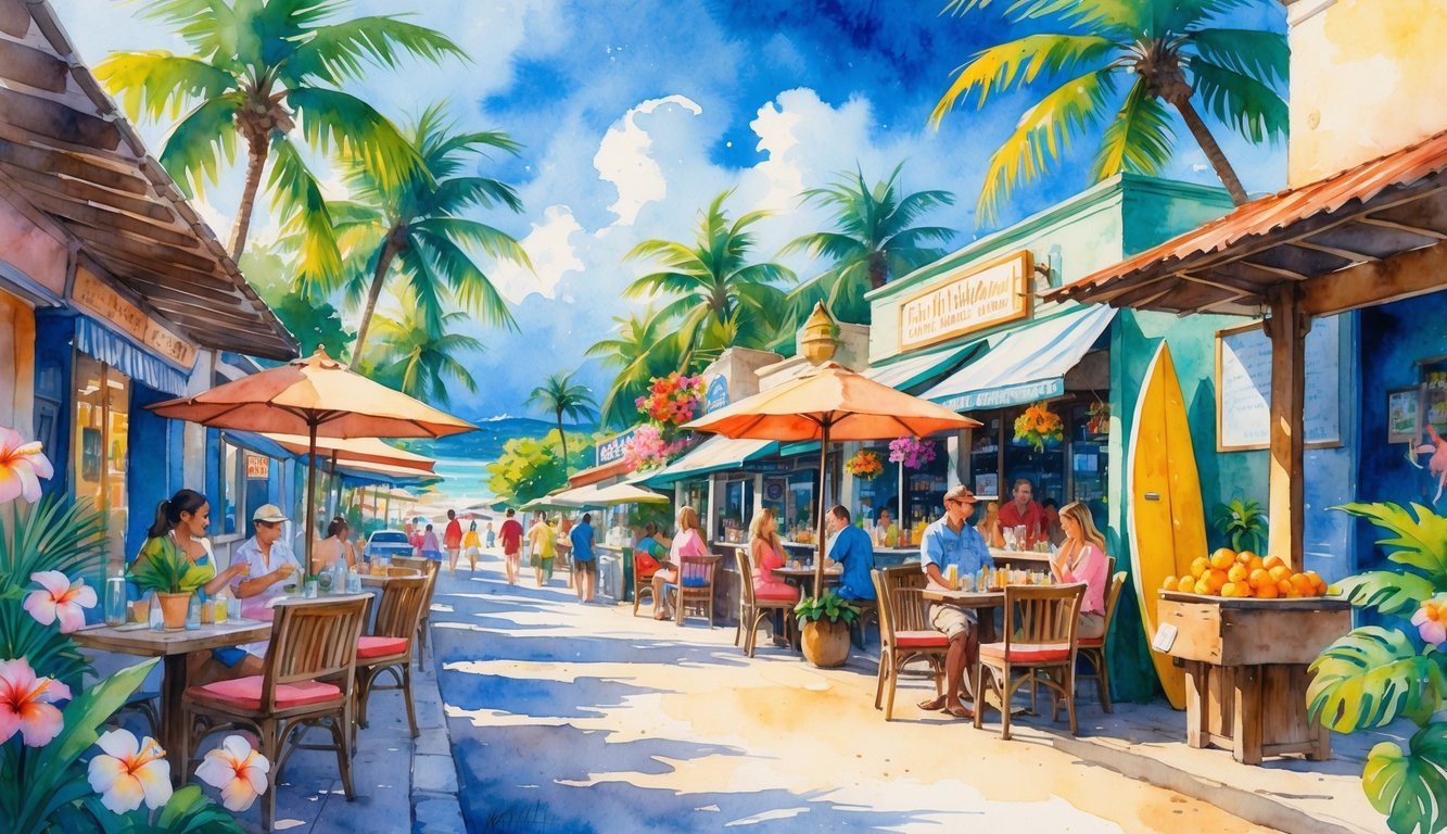 A lively Hawaiian street with small cafes and eateries surrounded by tropical flowers and palm trees, with people enjoying food and drinks outdoors.