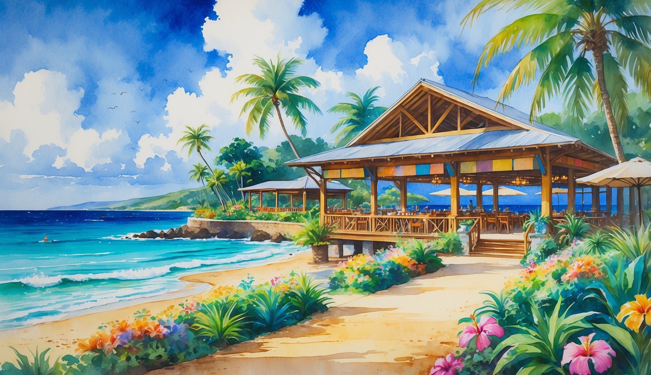 A beachfront restaurant surrounded by palm trees and tropical flowers with the ocean and surfers in the background.