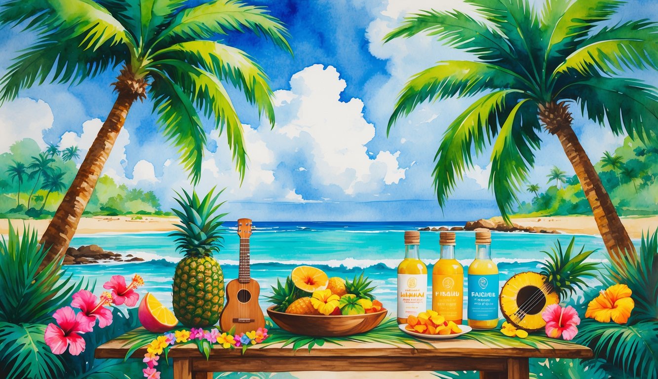 A tropical Hawaiian beach scene with palm trees, hibiscus flowers, and a table displaying traditional Hawaiian products including pineapples and handcrafted items.