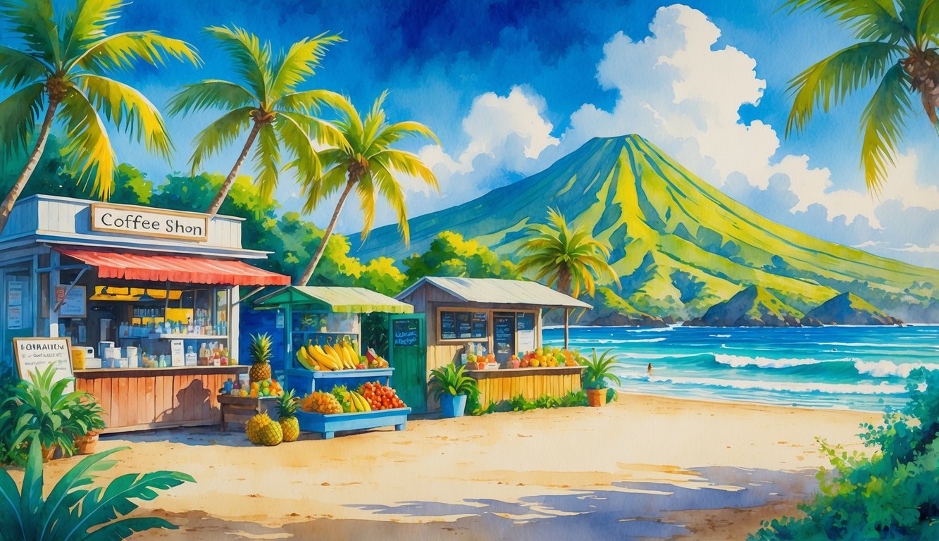 A peaceful Hawaiian island scene with a coffee shop, fruit stand, craft shop, surfboard rental near the beach, and mountains in the background.