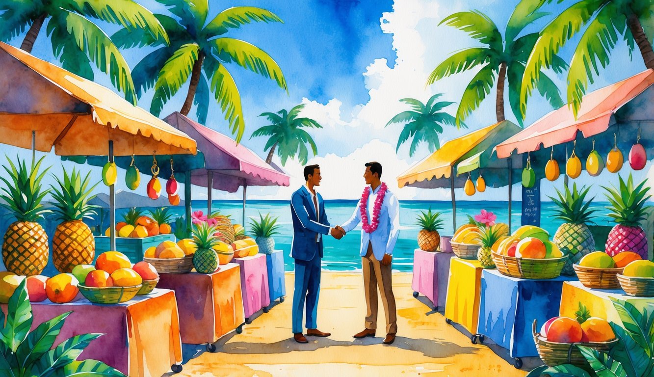 Two people shaking hands at a Hawaiian marketplace with tropical fruits, handcrafted goods, palm trees, and ocean in the background.