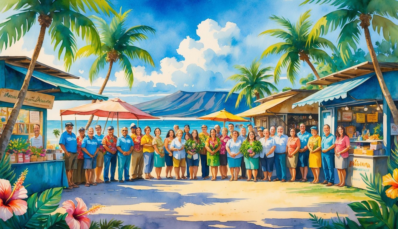A group of diverse people celebrating outdoors surrounded by tropical plants, market stalls, and a scenic Hawaiian landscape with ocean and mountains in the background.