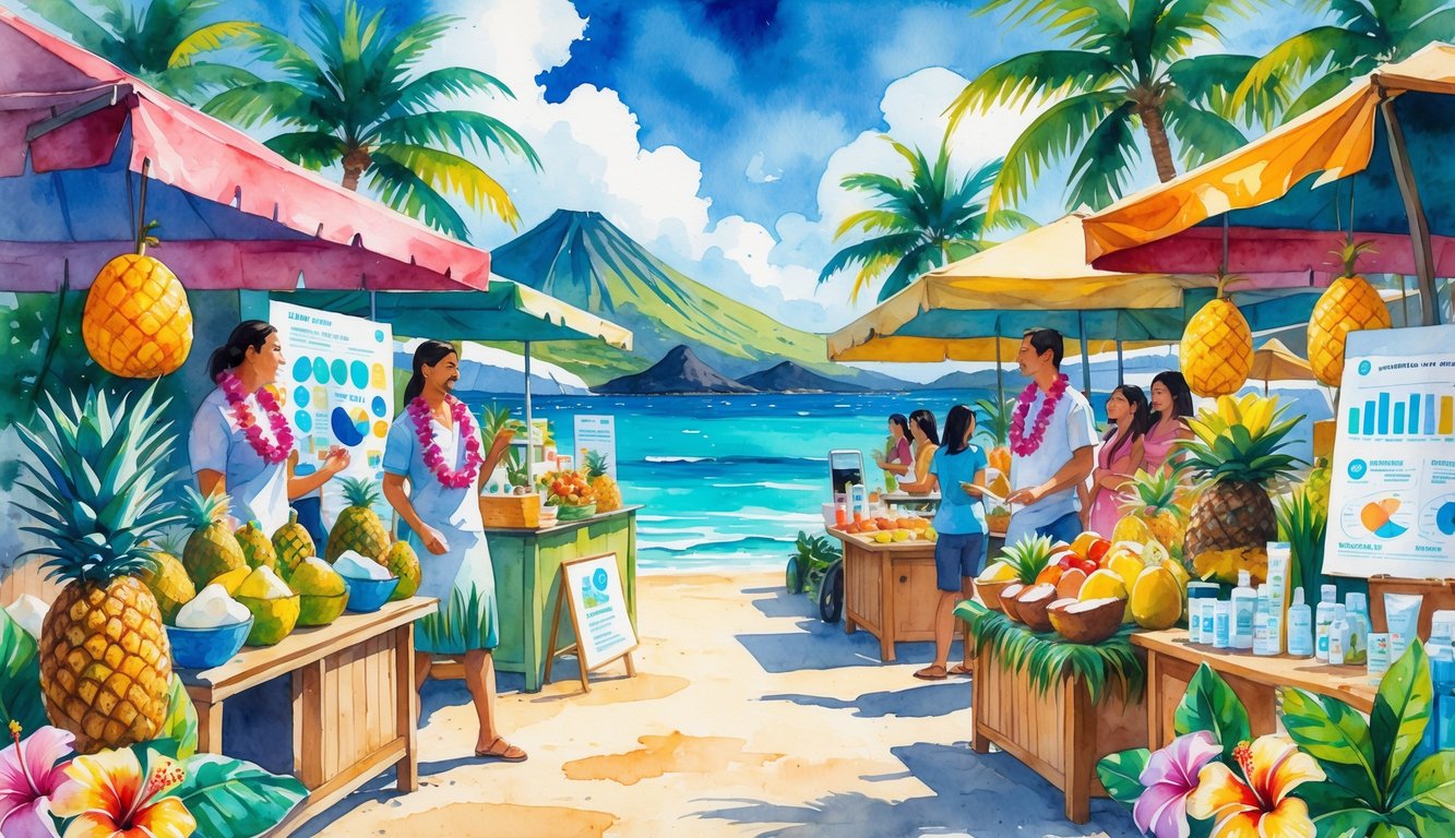 A colorful Hawaiian marketplace with vendors and customers surrounded by tropical fruits, flowers, palm trees, mountains, and ocean.