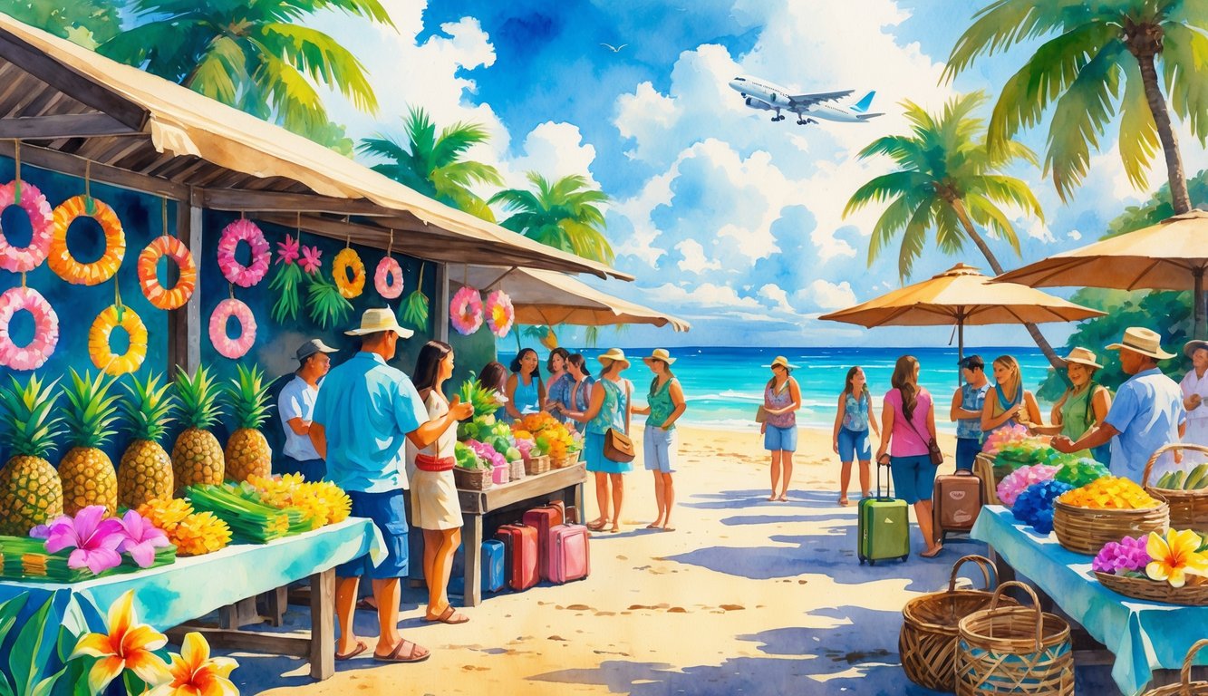 A busy Hawaiian marketplace with vendors selling tropical fruits, leis, and crafts to tourists near a beach with palm trees and clear blue water.