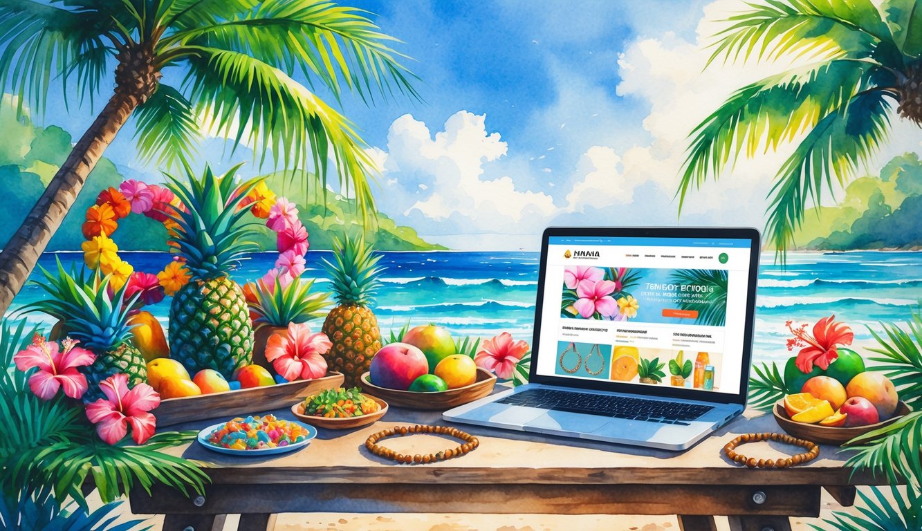 A tropical Hawaiian marketplace scene with a table of local products, a laptop showing an online store, surrounded by palm leaves, flowers, and ocean waves.