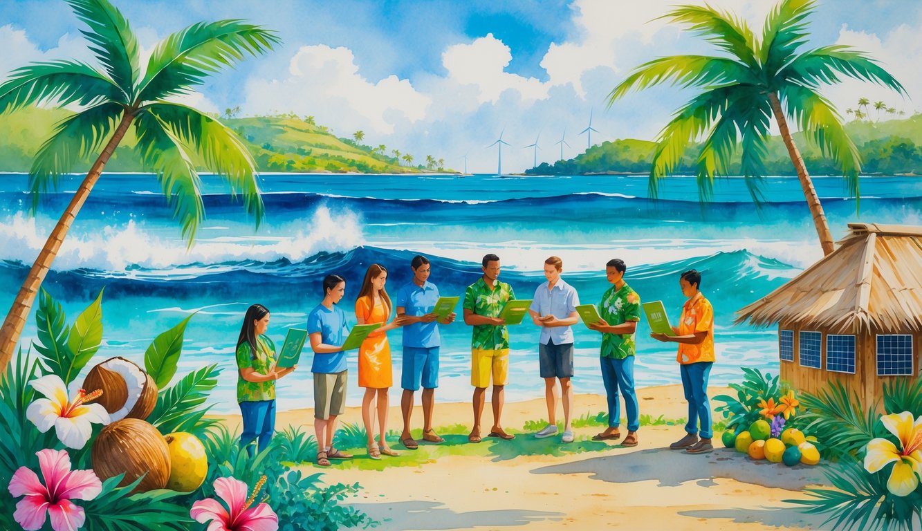 People gathered outdoors in a Hawaiian landscape surrounded by tropical plants and ocean, examining eco-friendly products with sustainable technology in the background.