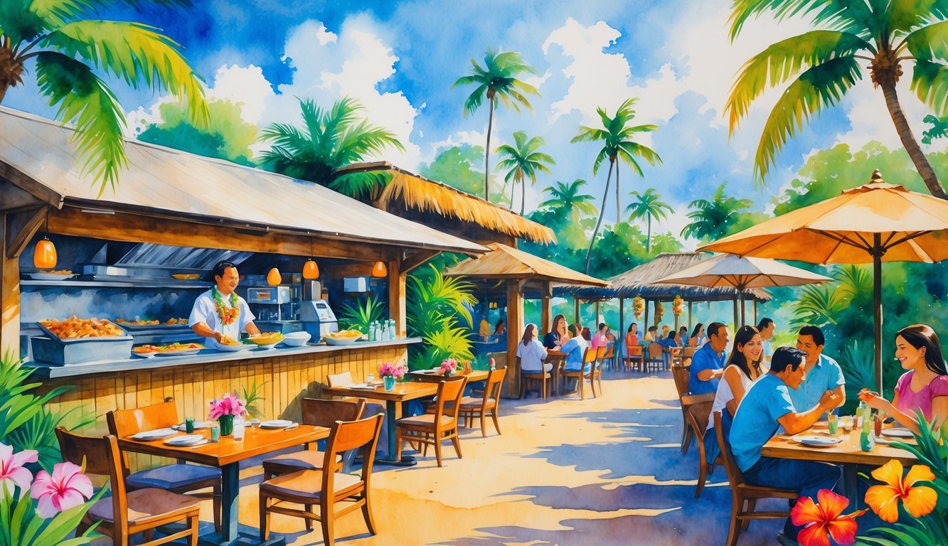 A Hawaiian restaurant with outdoor seating, a chef preparing food, customers dining, palm trees, and tropical plants under a blue sky.