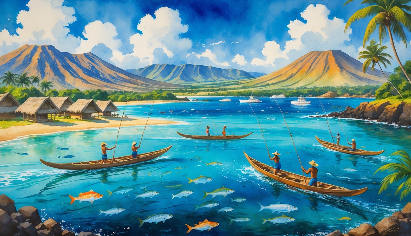 Fishermen in canoes fishing near a tropical Hawaiian shore with mountains, villages, and fish in the water.