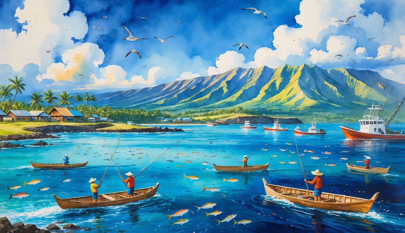 Coastal scene with fishermen in traditional canoes and modern boats near a Hawaiian village by the ocean, with mountains and seabirds in the background.