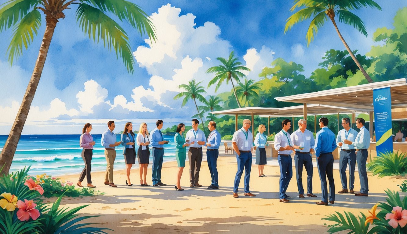 People networking outdoors near palm trees and a beach with ocean and sky in the background.