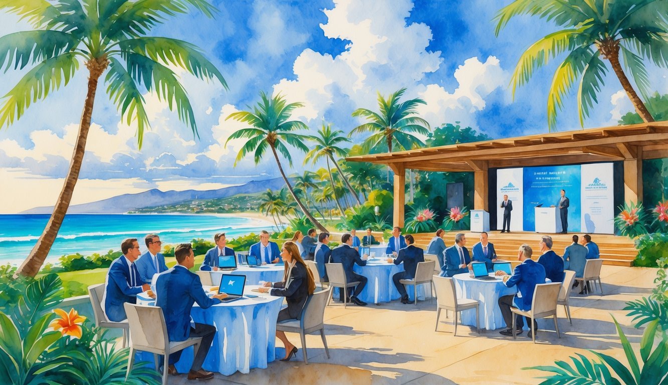 Businesspeople networking and attending a conference outdoors near the ocean with palm trees and tropical plants.