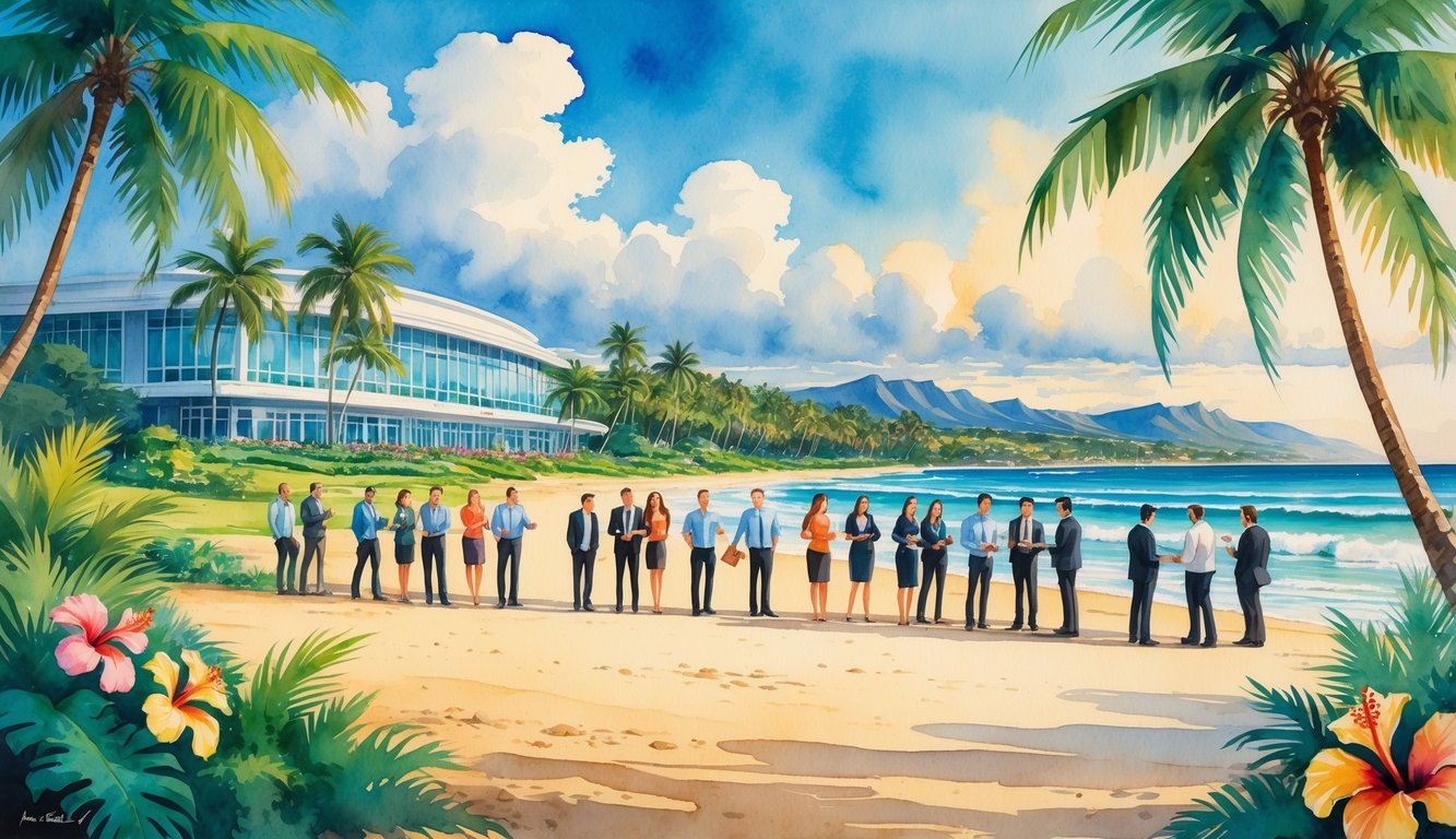 A Hawaiian beach with a conference center, palm trees, people networking outdoors, ocean, and mountains in the background.