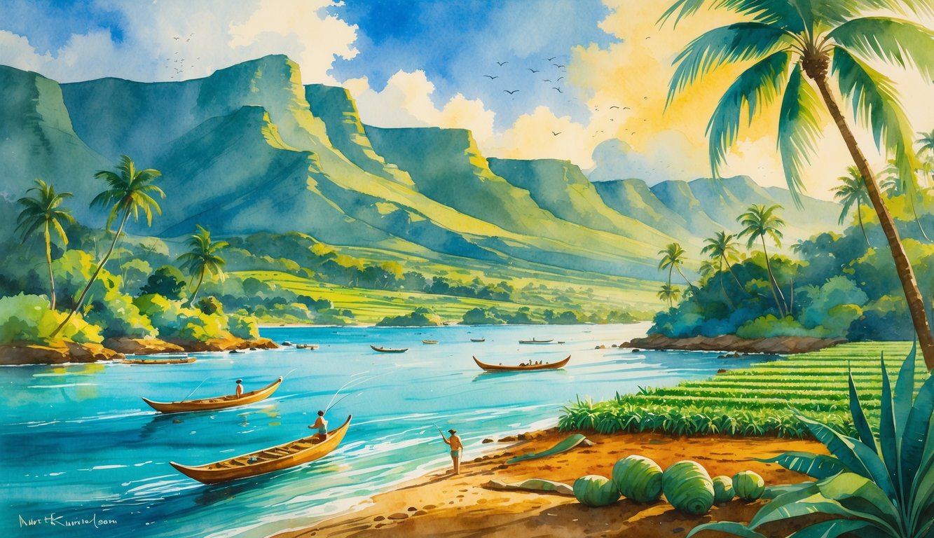 A coastal Hawaiian scene showing fishermen with canoes on the water and farmers working in nearby fields with mountains in the background.