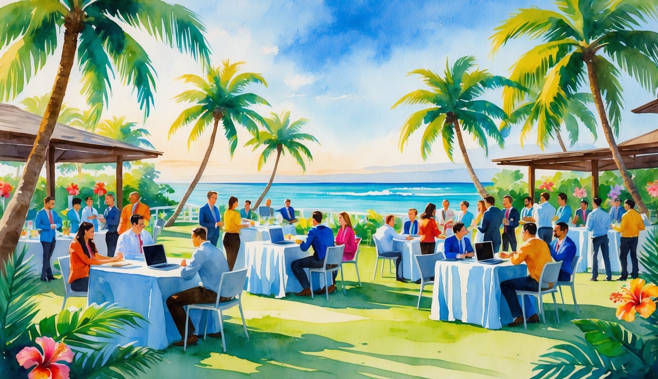 People networking and talking at an outdoor business conference with palm trees, flowers, and the ocean in the background.