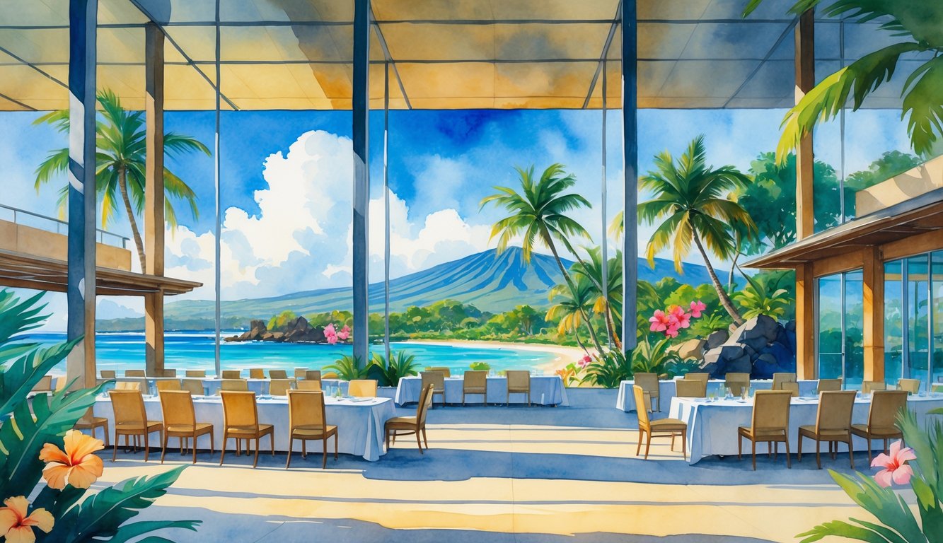 A spacious business conference room with large windows overlooking tropical trees, flowers, and mountains in Hawaii.