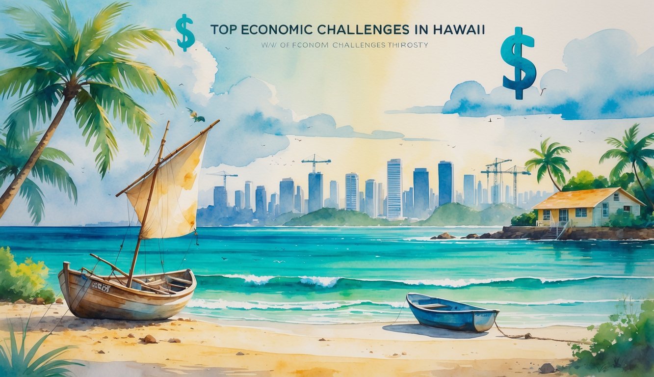 A Hawaiian beach scene with palm trees, a small fishing boat, a house with a for sale sign, and a distant city skyline with cranes, symbolizing economic challenges.