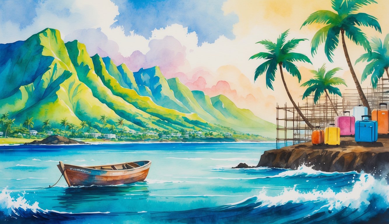 A scenic view of a Hawaiian island with mountains, ocean, palm trees, a fishing boat, construction site, and tourists.