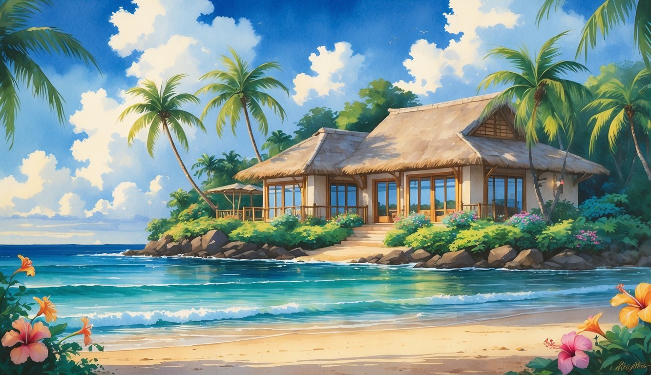 A tropical Hawaiian vacation home surrounded by palm trees and flowers near a sandy beach with ocean waves.