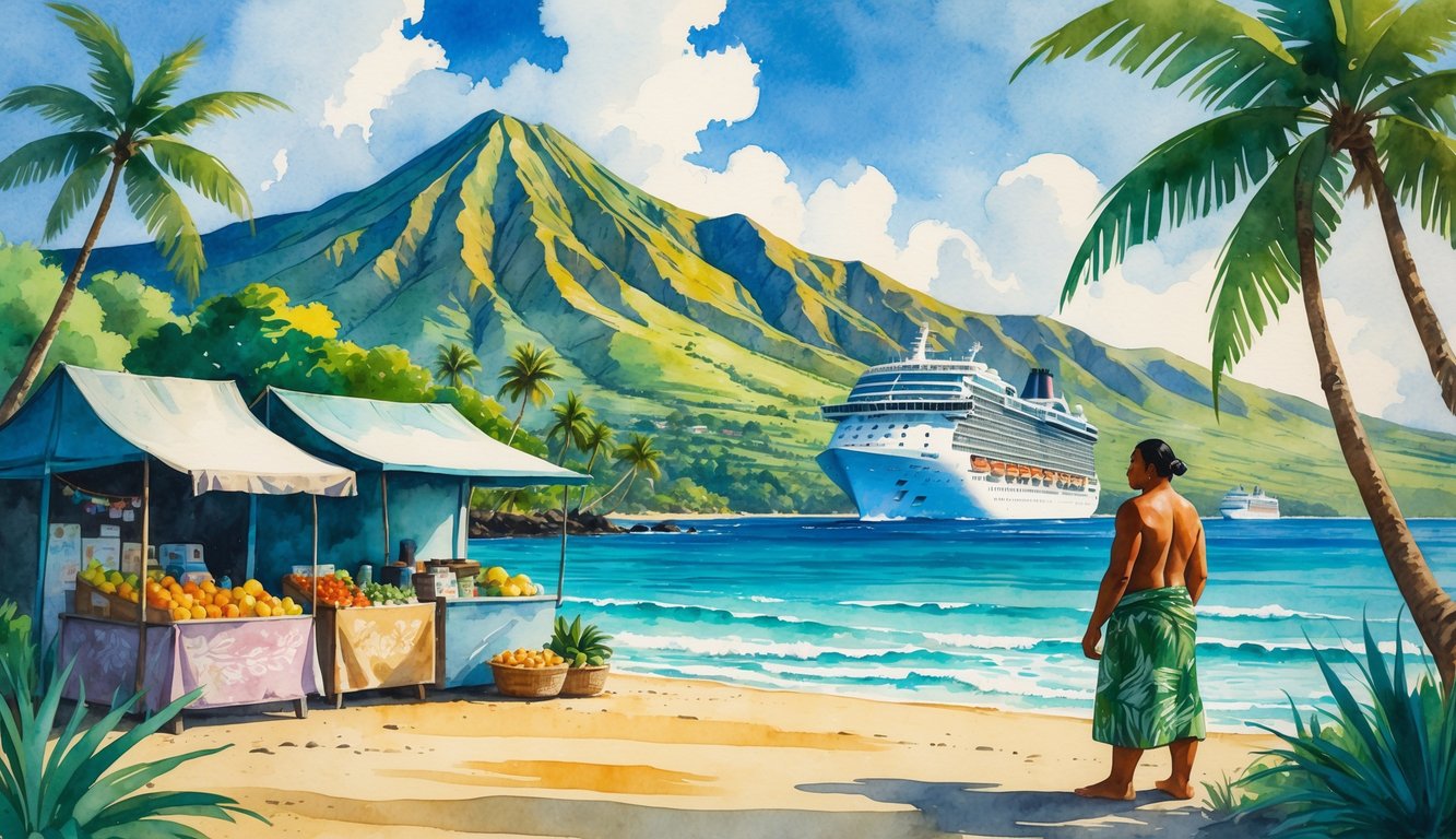 A Hawaiian island scene with mountains, palm trees, a quiet local market, a fisherman looking at the ocean, and a distant cruise ship, showing a contrast between tourism and local life.