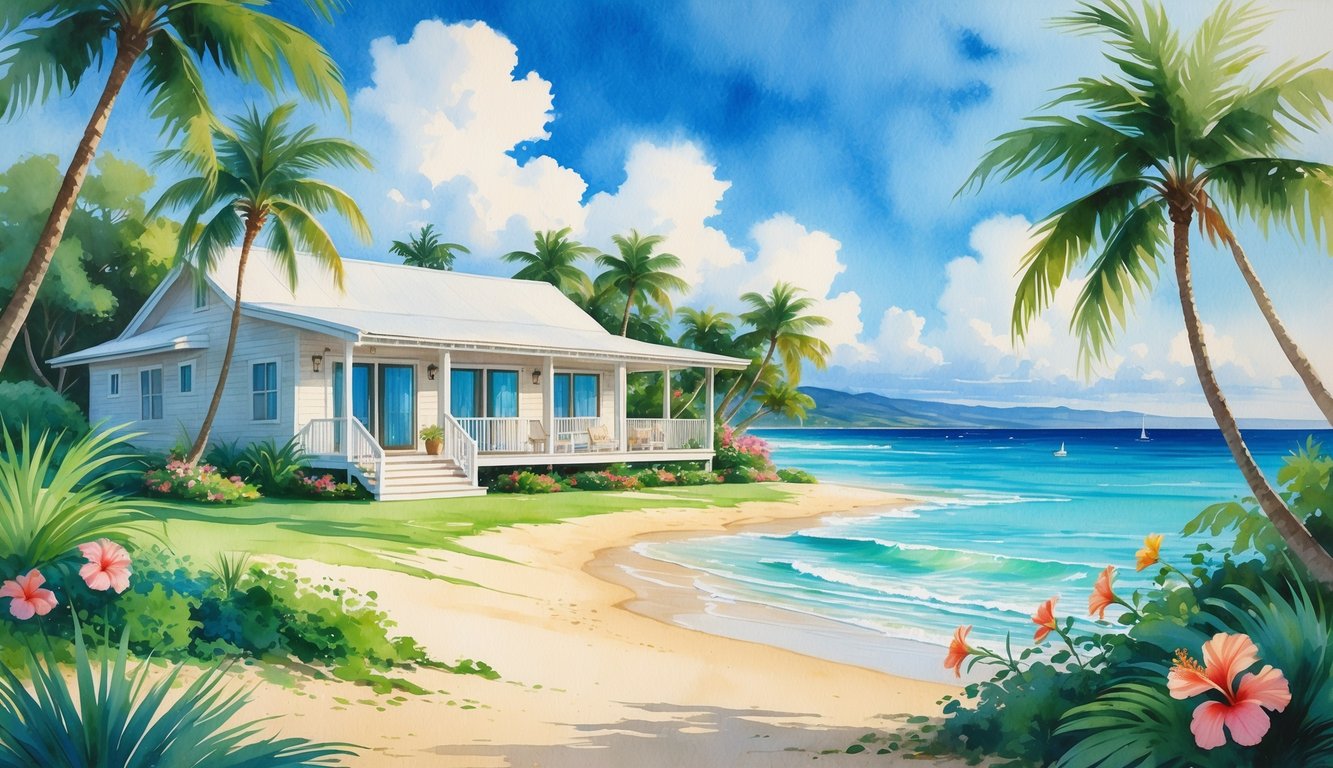 A peaceful Hawaiian beach scene featuring a vacation home surrounded by palm trees, tropical plants, and a sandy path leading to the ocean.