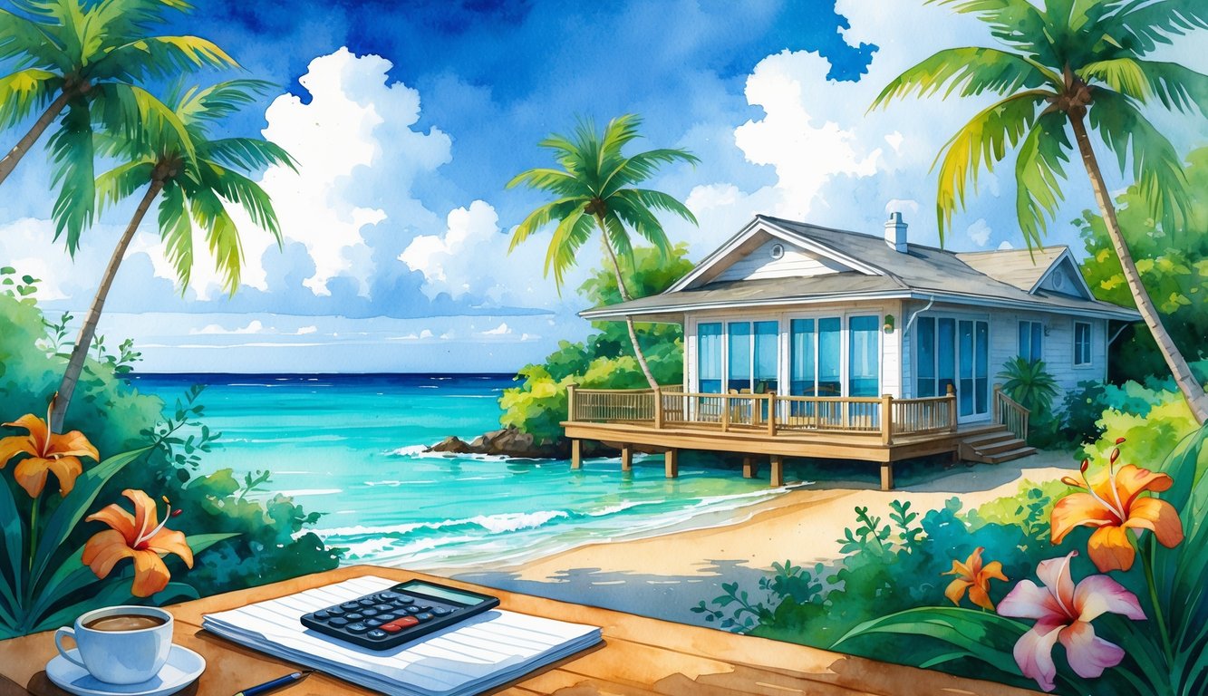 A tropical Hawaiian vacation home surrounded by palm trees and flowers, overlooking a calm ocean with a bright sky.